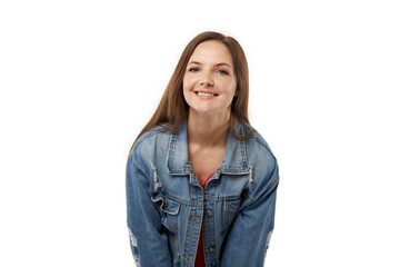 Obraz premium Happy cute young blonde woman smiling. In a denim jacket. White isolated background.