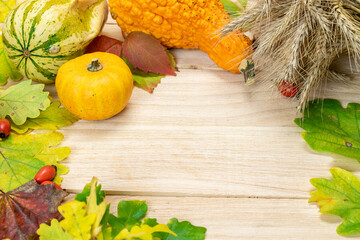 Autumn leaves background. Natural harvest with wheat grain ear orange pumpkin, fall dried leaves,...