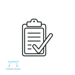 Check list document line icon. Clipboard, paper and check mark office note approval, notepad, contract form, survey test pictogram Editable stroke Vector illustration Design on white background EPS 10