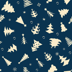 Christmas background with fir trees and snowflakes on a blue background. Vector illustration.