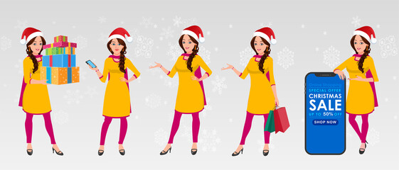 Christmas Santa Girl Character with Christmas Gifts, Christmas tree and explainer animation poses. Character set with poses, Indian Girl with traditional dress.