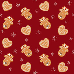 Decorative seamless Christmas texture with gingerbread. Colorful vector illustration in Doodle style on a red background. Design for packaging, textiles, gift cards.