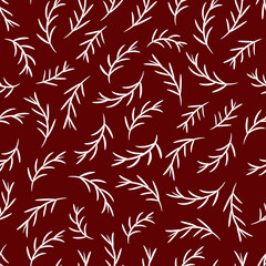 Christmas seamless pattern with pine branches. Vector texture on a dark red background. Botanical decor elements for winter design, packaging paper, textiles.
