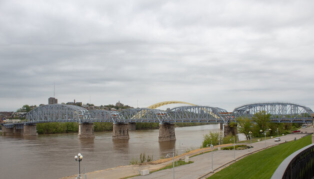 The Purple People Bridge, crossing the Ohio River in the Cincinnati area. The Newport Southbank Bridge.