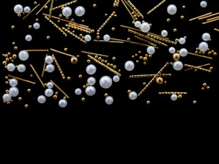 Fashion background. frame of jewelry. confetti made of gold and pearls on a black background. copyspace.