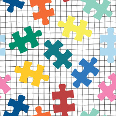 Fototapeta premium Puzzle pieces seamless vector background on a grid. Repeating pattern for fabric, kids wear, childrens decor.