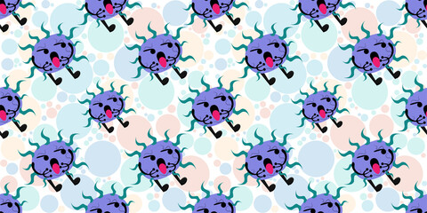 Seamless pattern of Cute cartoon germ in flat style design isolated on circle fill background. Bacteriology concept design. Cartoon microbes. Vector illustration eps10.