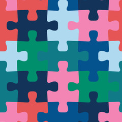 Puzzle pieces seamless vector background. Repeating colorful pattern for fabric, kids wear, childrens decor.