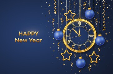 Happy New Year 2021. Golden shiny watch with Roman numeral and countdown midnight, eve for New Year. Background with shining gold stars and balls. Merry Christmas. Xmas holiday. Vector illustration.