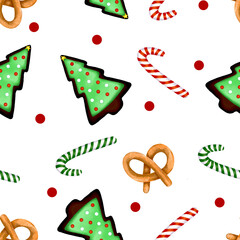 winter seamless pattern with the candy, gingerbread, and Christmas tree. Decorative cute winter background with Christmas elements. New Year ornament for printing. Wrap for gifts. Raster illustration.