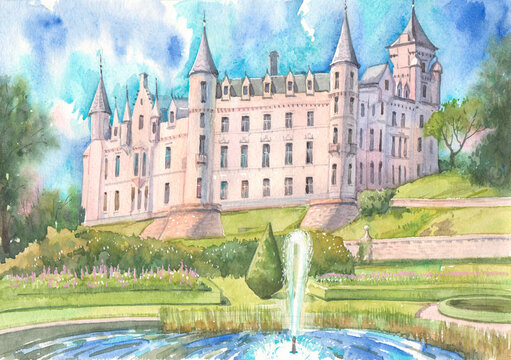 Dunrobin Castle, garden and fountain on a summer day are painted with watercolors on paper. Dunrobin Castle in Sutherland, Scotland.