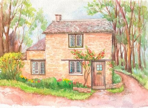 Traditional Authentic English Cottage Painted With Watercolor Paint On Paper.