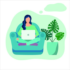 Girl works sitting at home. Remote work, freelance. Self-isolation during the coronavirus epidemic. Vector illustration in flat style