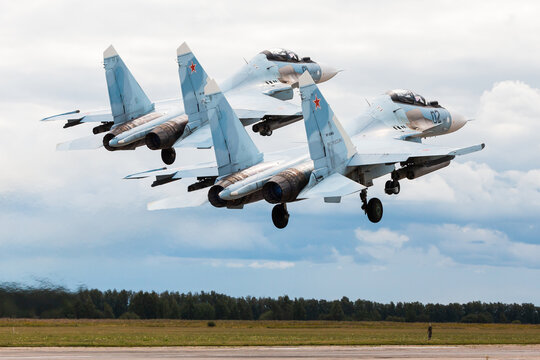 Russia, Moscow region, August, 2019. Fighter SU-30SM takes off from the airfield.