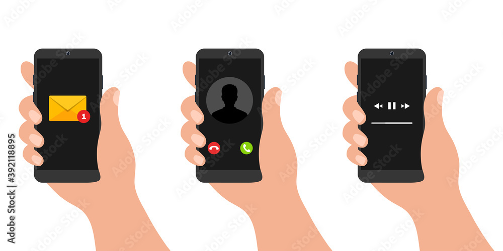 Aufkleber hand holding smartphone in three variants. phone screen with email notification, incoming call and m