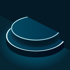 Dark scene with neon lighting. Blue neon lights illuminate the dark catwalk. Empty isometric background for product presentation.