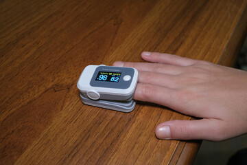 Young woman using pulse oximeter to measure oxygen saturation in covid19 pandemic disease,medical...