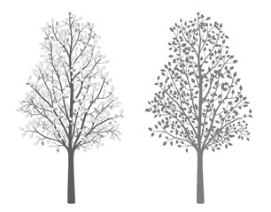 Tree with leaves in gray vintage style in two versions on a white background