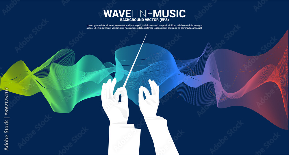 Aufkleber Vector silhouette of conductor hand with sound waves in background . Concept background for orchestra concert and recreation.