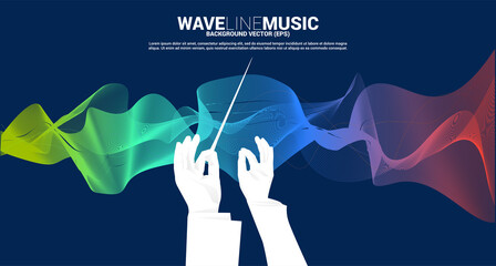 Vector silhouette of conductor hand with sound waves in background . Concept background for orchestra concert and recreation. - obrazy, fototapety, plakaty