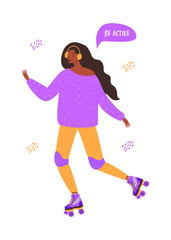 Flat vector cartoon illustration of a girl roller skating isolated on a white background. Be active. The concept of an active lifestyle and fun time.