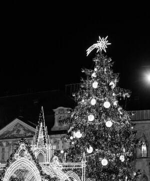 christmas tree in the night decorated by lights and comete