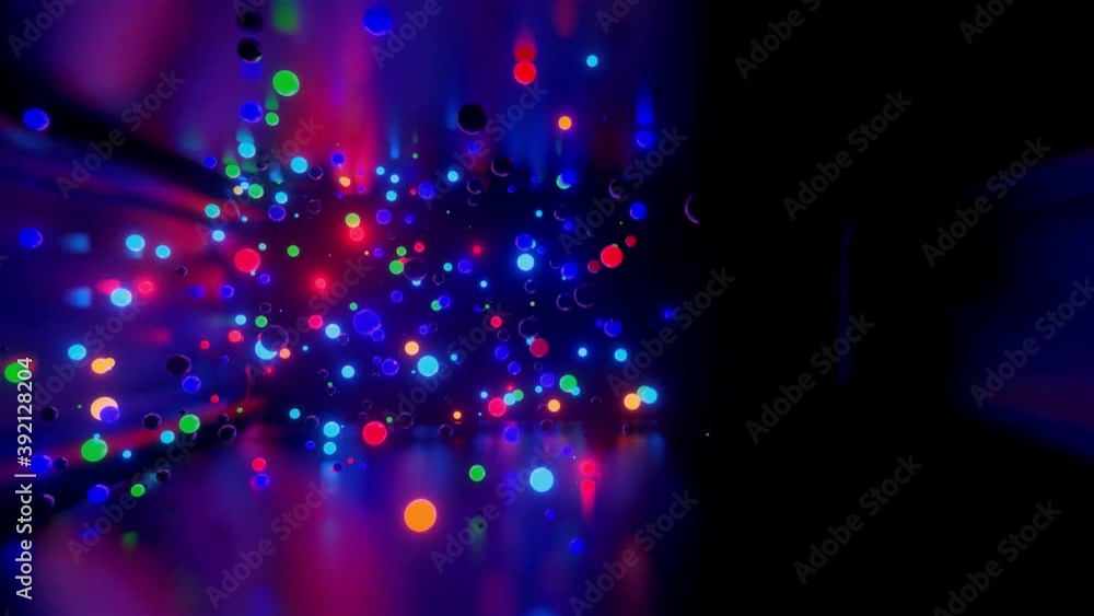 Poster 3d abstract creative animation background with neon glow multi-colored spheres inside camera, reflec