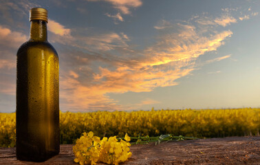 Bottle of rapeseed oil (canola) and rape flowers on table outdoors.