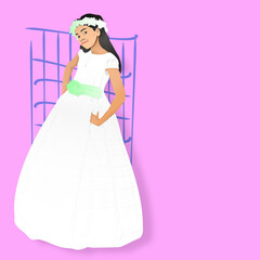 woman girl wedding or communion with white dress and pink background