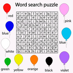Find words in a table on the theme of colors, crosswords puzzle game for children of any age. Activity worksheet printable version. Vector hand drawn illustration. Kids activity set of color balloons 