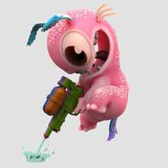 a pink creature with big eyes and a water gun. The creature looks playful and amuses itself by shooting water from a gun.