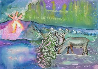 Mixed media painting of reindeer searching for food under northern lights near ice covered river with reflected hot glow of volcanic eruption