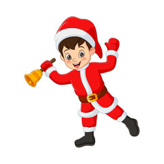 Happy boy in Santa Claus costume holding a bell