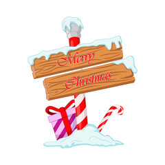 Wooden signboard with Christmas gift box and candy cane
