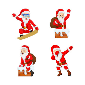 Set of cartoon funny Santa Claus with different actions