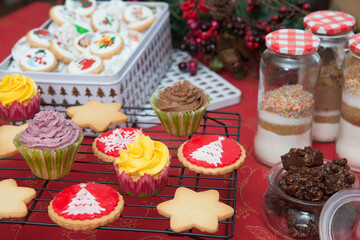 table set at home with a variety of Christmas products and food
