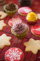 table set at home with a variety of Christmas products and food
