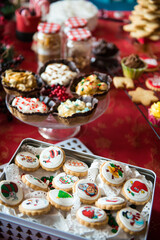 table set at home with a variety of Christmas products and food
