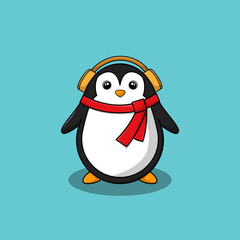 Cute Penguin Wearing Scarf and Headphone Cartoon Vector Icon Illustration. Animal Winter Icon Concept Isolated Premium Vector. Flat Cartoon Style