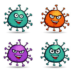 Set of colorful virus characters in cartoon style, with several facial expressions like rage, madness, fright, and amazement on white background. Vector illustration.