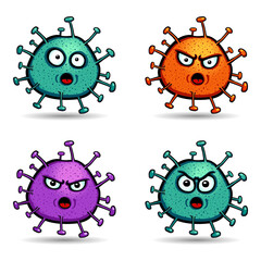Set of colorful virus characters in cartoon style, with several facial expressions like rage, madness, fright, and amazement on white background. Vector illustration.