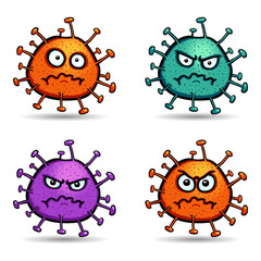 Set of colorful virus characters in cartoon style, with several facial expressions like rage, madness, fright, and amazement on white background. Vector illustration.