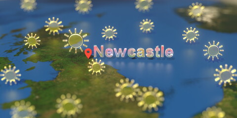 Sunny weather icons near Newcastle city on the map, weather forecast related 3D rendering