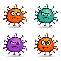 Set of colorful virus characters in cartoon style, with several facial expressions like rage, madness, fright, and amazement on white background. Vector illustration.