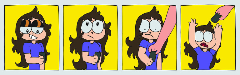 Hilarious strip of young girl trying to use cell phone until dad takes it out of her hand, in cartoon style. Vector illustration.