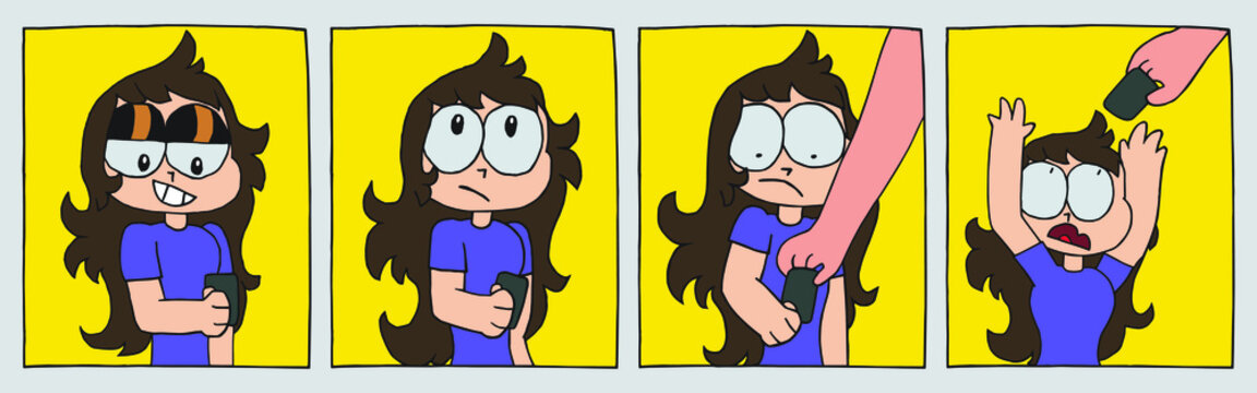 Hilarious strip of young girl trying to use cell phone until dad takes it out of her hand, in cartoon style. Vector illustration.