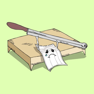 sad invoice paper cut by knife