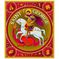Colorful art of Saint George riding a horse and fighting the Dragon, in stylized way and lots of doodle drawing around him. Vector illustration.