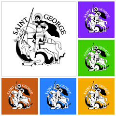 Set of black and white drawings of Saint George on horse fighting the Dragon, in stylized way and colorful backgrounds. Vector illustration.