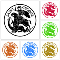 Set of colorful drawings of Saint George riding a horse and fighting the Dragon, in stylized way and white background. Vector illustration.